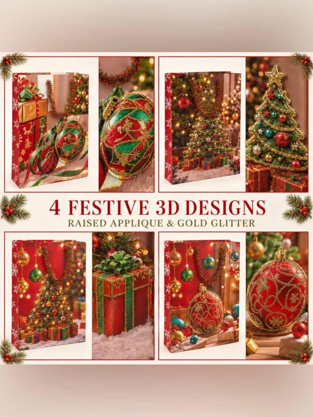 Festive Red Christmas Gift Bags with Raised 3D Appliqué
